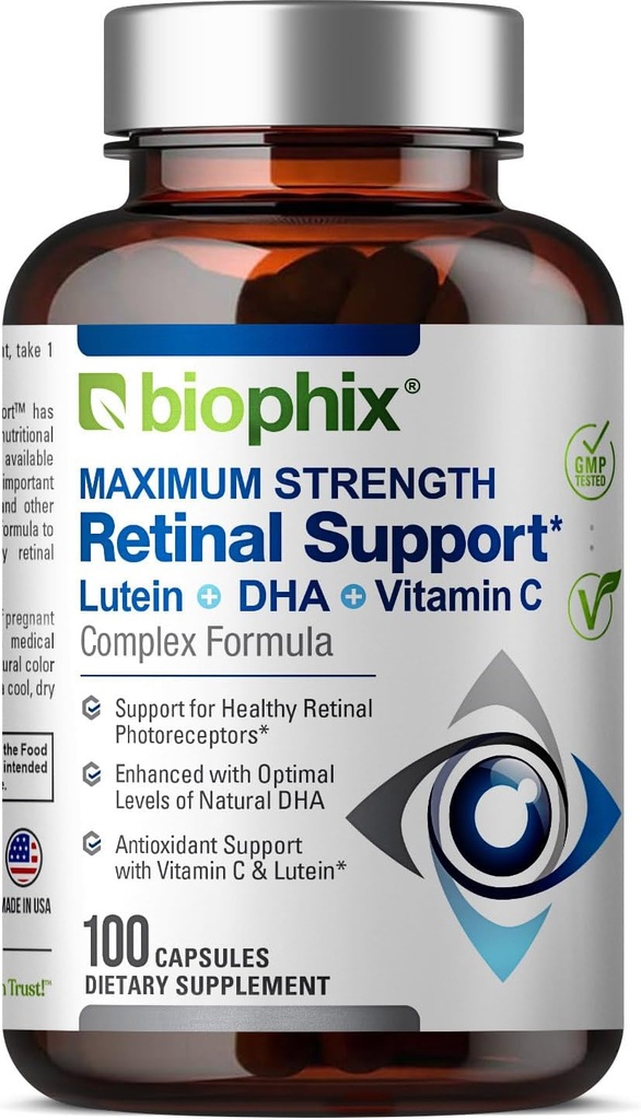Υποστήριξη του biophix Retinal Maximum Strength Complex Formula 100 Κάψουλες - Zinc Vitamin C E Lutein DHA Omega-3 Ασταξανθίνη Υαλουρονικό οξύ - Υποστηρίζει την υγεία του οφθαλμικού οράματος