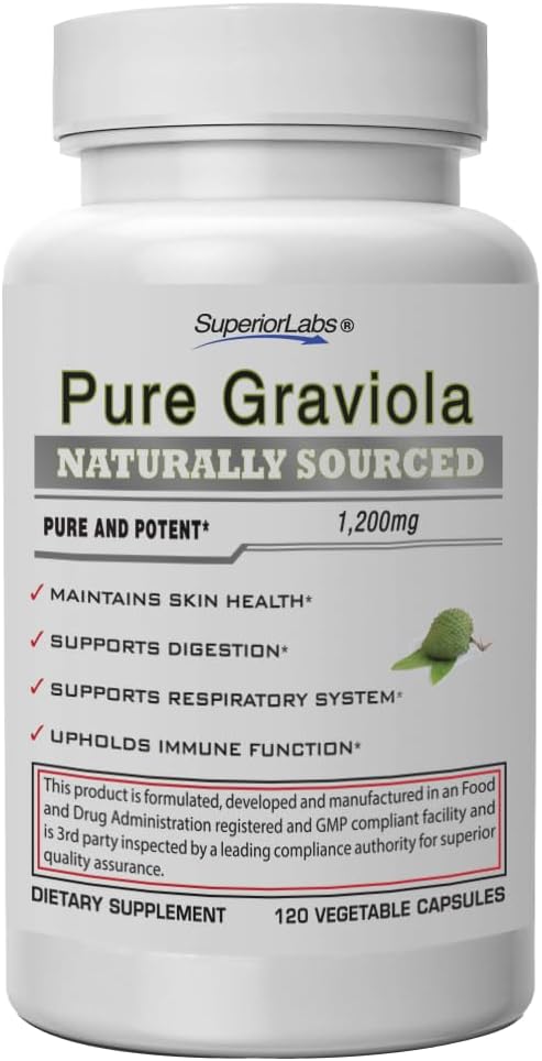Üstün Laboratuvarlar Graviola 1200 mg, Pure Natural Non-GMO Herbal Antioksit, Immune & Respiratory Support, Sağlıklı Cilt, Hücre Büyüme ve Dengeli Mood, Yüksek Yeterliliği, 120 Veg Capsules
