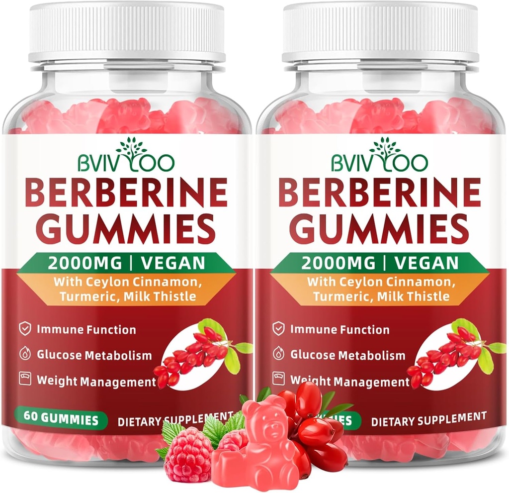 2 Pack Berberine Gummies, 2000 mg Yüksek Potency Berberine HCI Supplement, Plus Ceylon Cinnamon, Milk Butle for Women & Men, Immune System & Metabolism Support - 120 Gummies