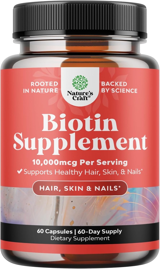 Natures Craf 10000 mcg Pure Biotin χάπια για γυναίκες άνδρες - Προάγει Thicker και Fuller μαλλιά. Φυσικό συμπλήρωμα για γυαλιστερή παχιά ανάπτυξη μαλλιών - Χορτοφαγικές κάψουλες βιταμίνης - Πάρτε σαφές δέρμα ισχυρά νύχια