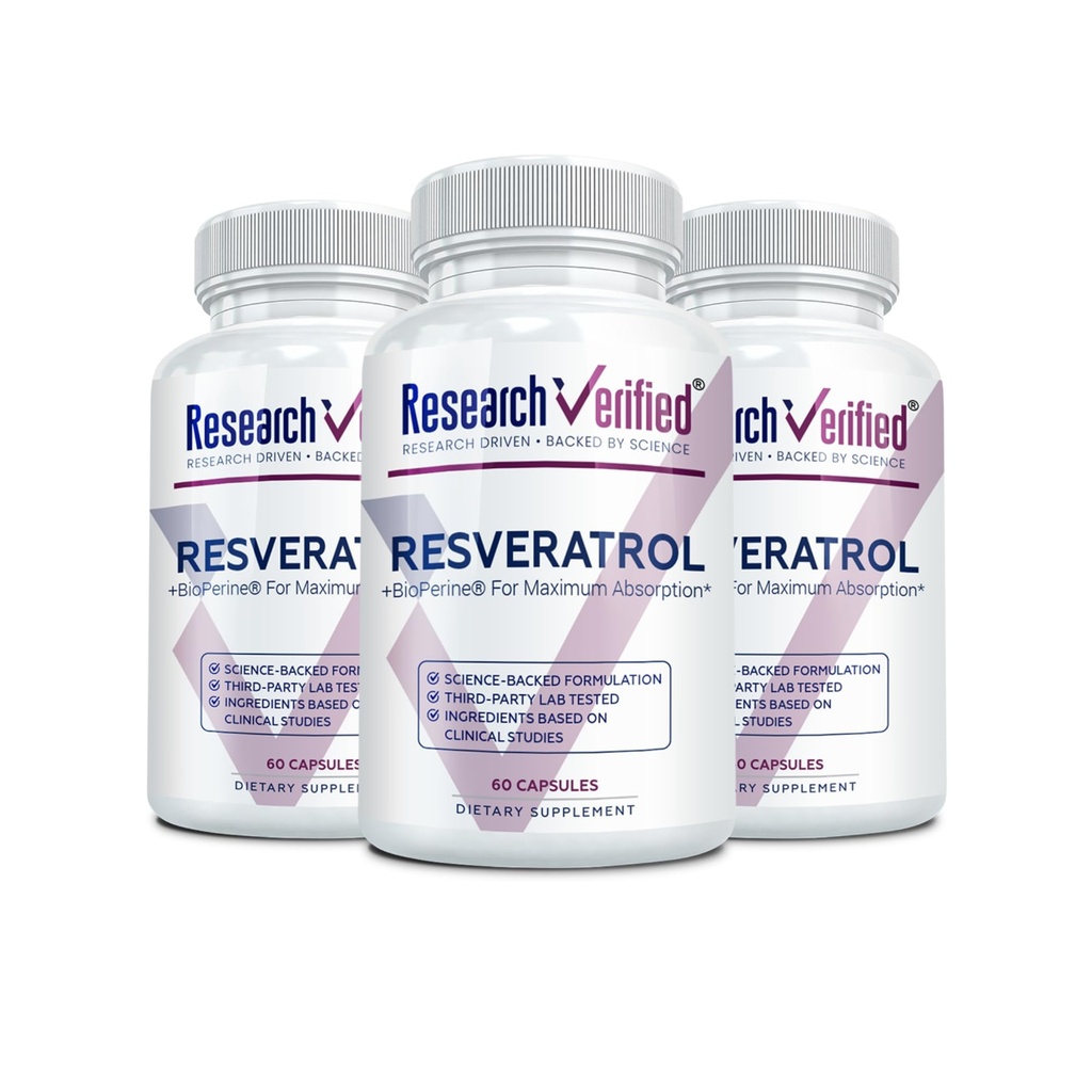 Araştırma Doğrulanmış Resveratrol - 98 Trans-Resveratrol 1000 mg, Anti-Aging Support - Şişe başına 60 Capsules - 3 Şişeler - 3 Şişeler