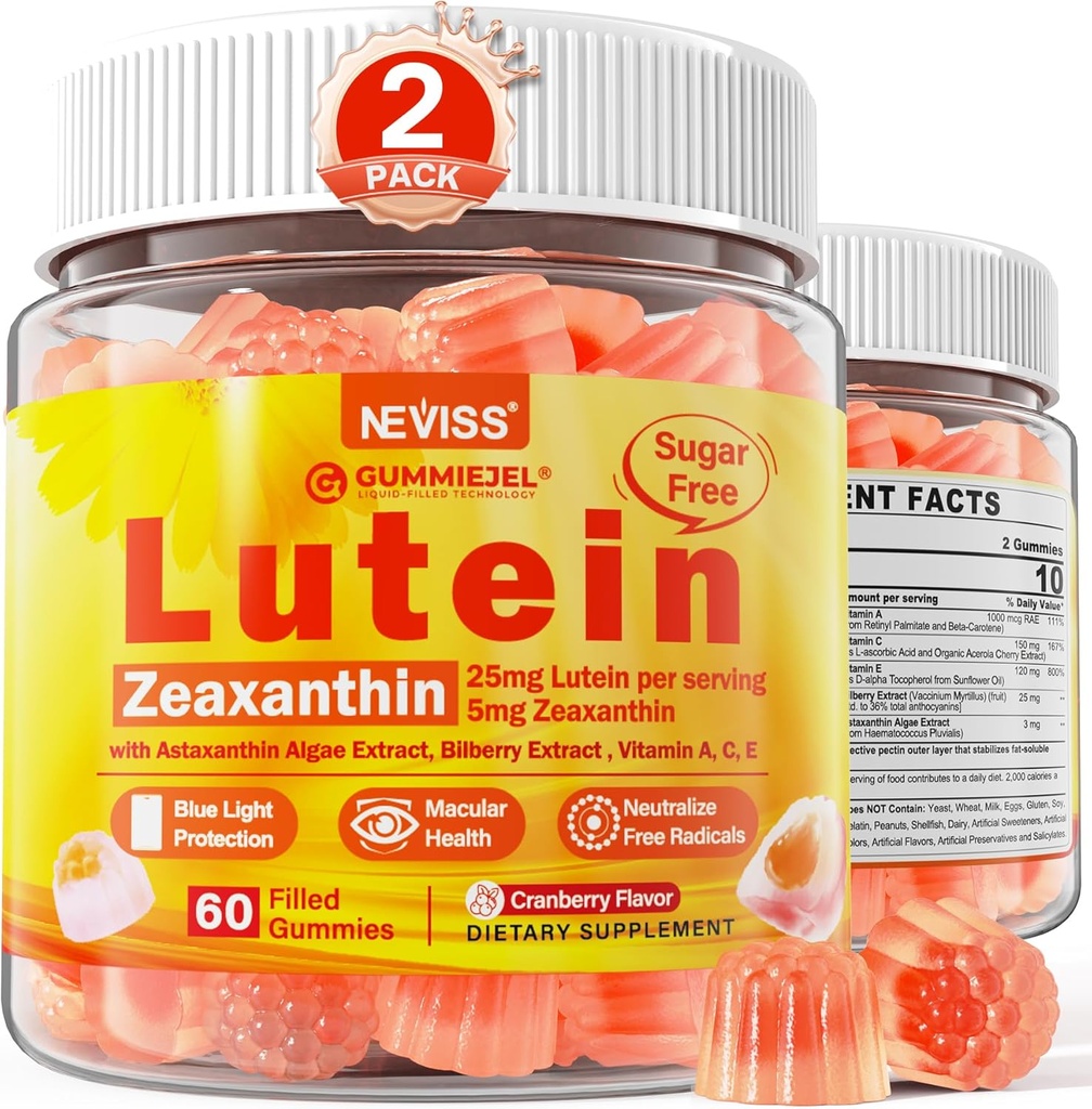 2 Pack Lutein και Zeaxanthin Συμπληρώματα Gummies (25mg) Βιταμίνες A, C, E, Bilberry, Ασταξανθίνη - Λάδι καρύδας για Καλύτερη Απορρόφηση - για ενήλικες & εφήβους Όραμα, μάτι, εγκέφαλο, δέρμα - Vegan, ζάχαρη Δωρεάν