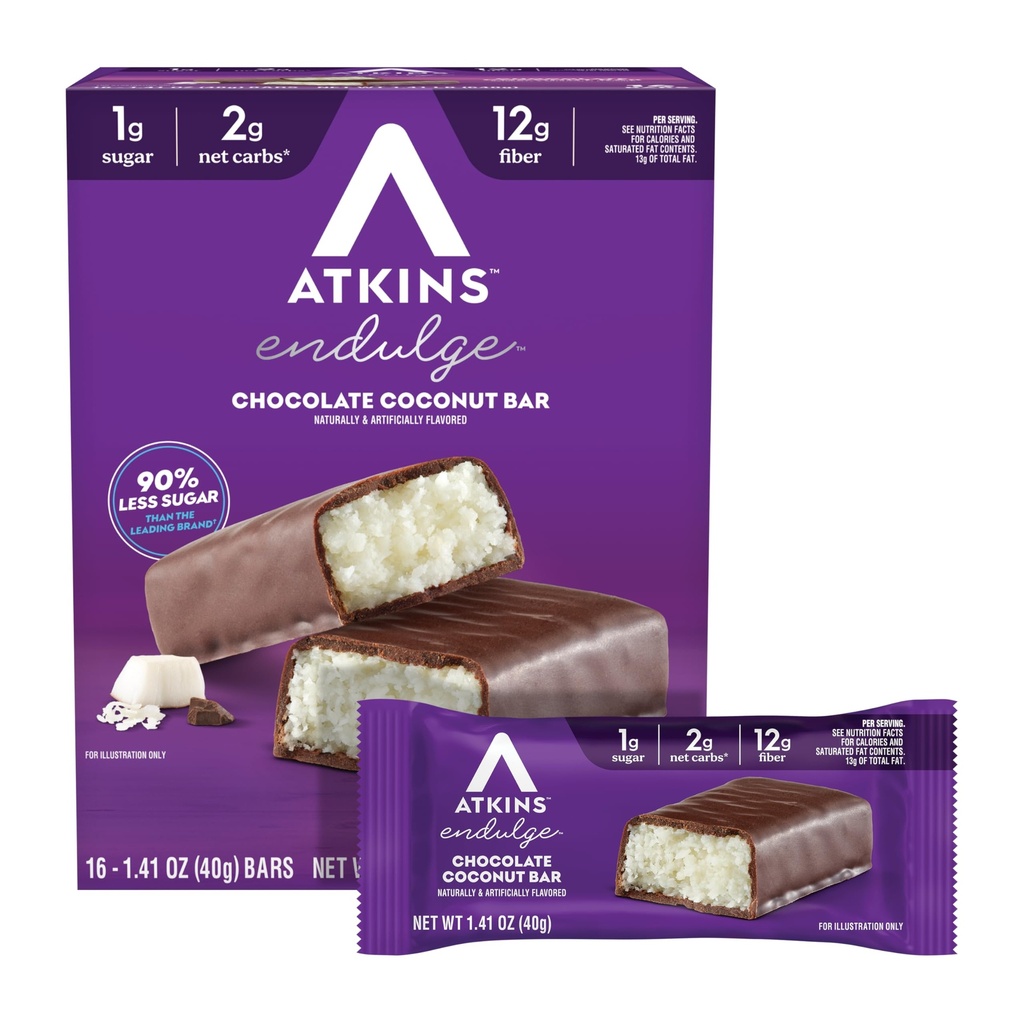 Atkins Endulge Σοκολάτα Coconut Γεύση Bar, Χαμηλή Ζαχαροπλαστική, Υψηλή σε Ίνες, 16 Count