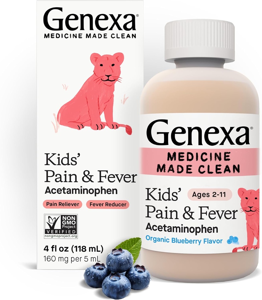 Genxa Kids Acetaminophen Pain & Ateş Oral Suspension Tıp - 4oz - Çocuklar için 2 - 11 Yıl Yaşlı, Temporly acı ve ateş belirtileri rahatlatır, 5 mL- Organik Blueberry Flavor