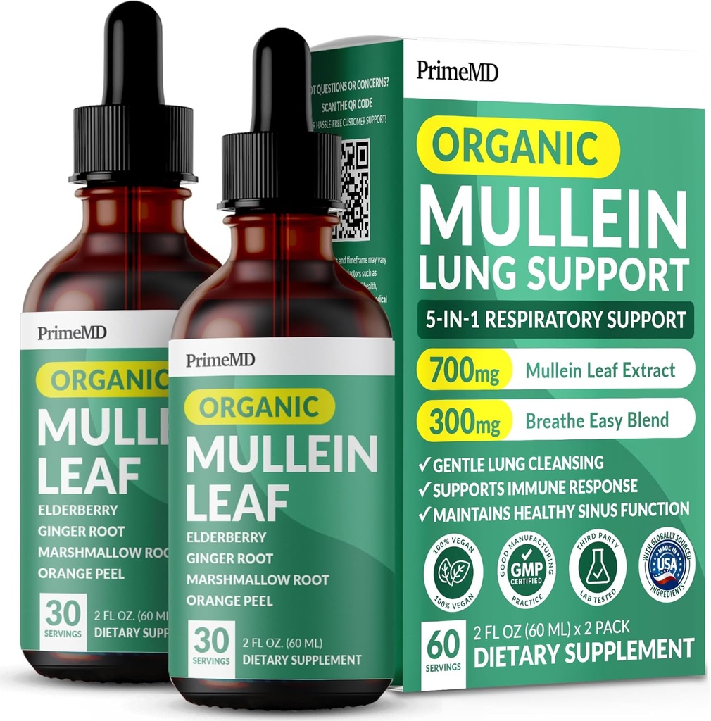 Lungs ve Bronchial için 5in-1 Mullein Drops - Respiratory Lung Health Support with Mullen Leaf Extract for Lungs - Mullein Tincture with Elderberry, Echinacea and Ginger Root (60 hizmet) (2-pack)