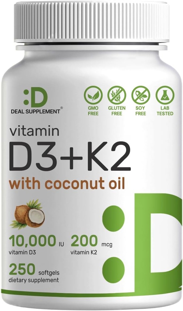 DEAL SUPPLEMENT Vitamin D3 10,000 IU + K2 MK7 200mcg Softgels, 250 Count | 2-in-1 Complex with Virgin Coconut Oil | Supports Heart, Bone, Teeth & Immune Health* | Easy to Swallow
