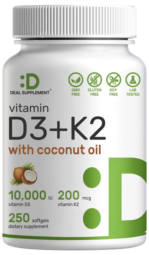 DEAL SUPPLEMENT Vitamin D3 10.000 IU + K2 MK7 200mcg Softgels, 250 Count | 2in-1 Kompleksi ile Deprem Yağı | Easy to Swallow