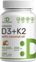 DEAL SUPPLEMENT Vitamin D3 10.000 IU + K2 MK7 200mcg Softgels, 250 Kont | 2in-1 Kompleksi ile Virgin Coconut Oil | Supports Heart, Bone, and Immune Health* | Easy to Swallow