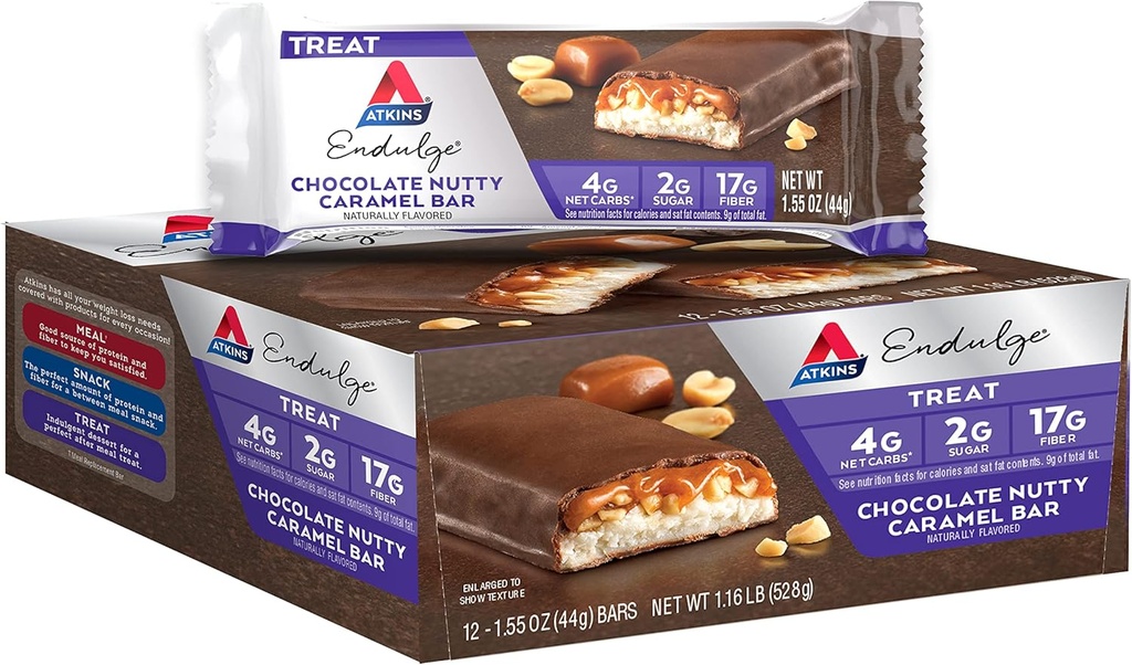 Atkins Endulge Chocolate Nutty Caramel Bar, Dessert, 2g Sugar, High in Fiber, Keto Friendly, 12 Count