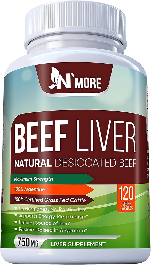 N'More Beef Liver Capsules – 100% Grass Fed & Undefated Arjantin Liver – Doğal Demir, B12 & CoQ10 Enerji, Beyin ve Immune Desteği – 120 Capsules, 750 mg