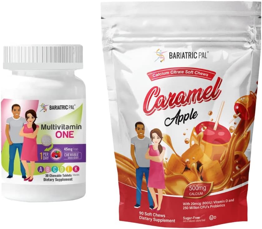 BariatricPal 30-Day Bariatric Vitamin Bundle (Multivitamin ONE 1 ανά ημέρα! με 45mg σιδήρου μασώμενα - μικτό μούρο και ασβέστιο κιτρικό μαλακό μάσημα 500mg με προβιοτικά - Caramel Apple)