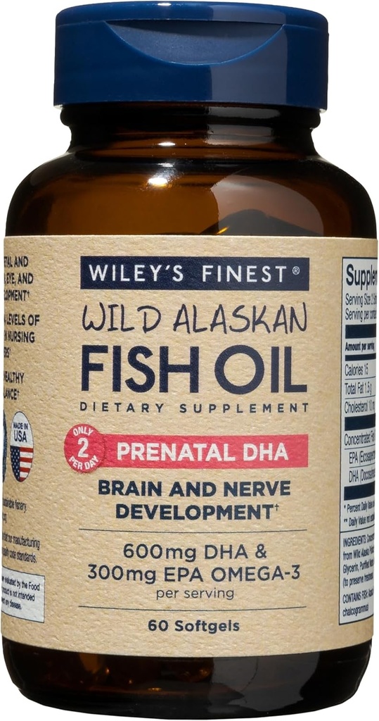 Wiley's Finest Wild Alaskan Fish Oil Prenatal DHA - 900mg EPA και DHA Omega-3s για έγκυες γυναίκες και θηλάζουσες μητέρες - 60 Softgels (30 προγεννητικές υπηρεσίες βιταμίνης)