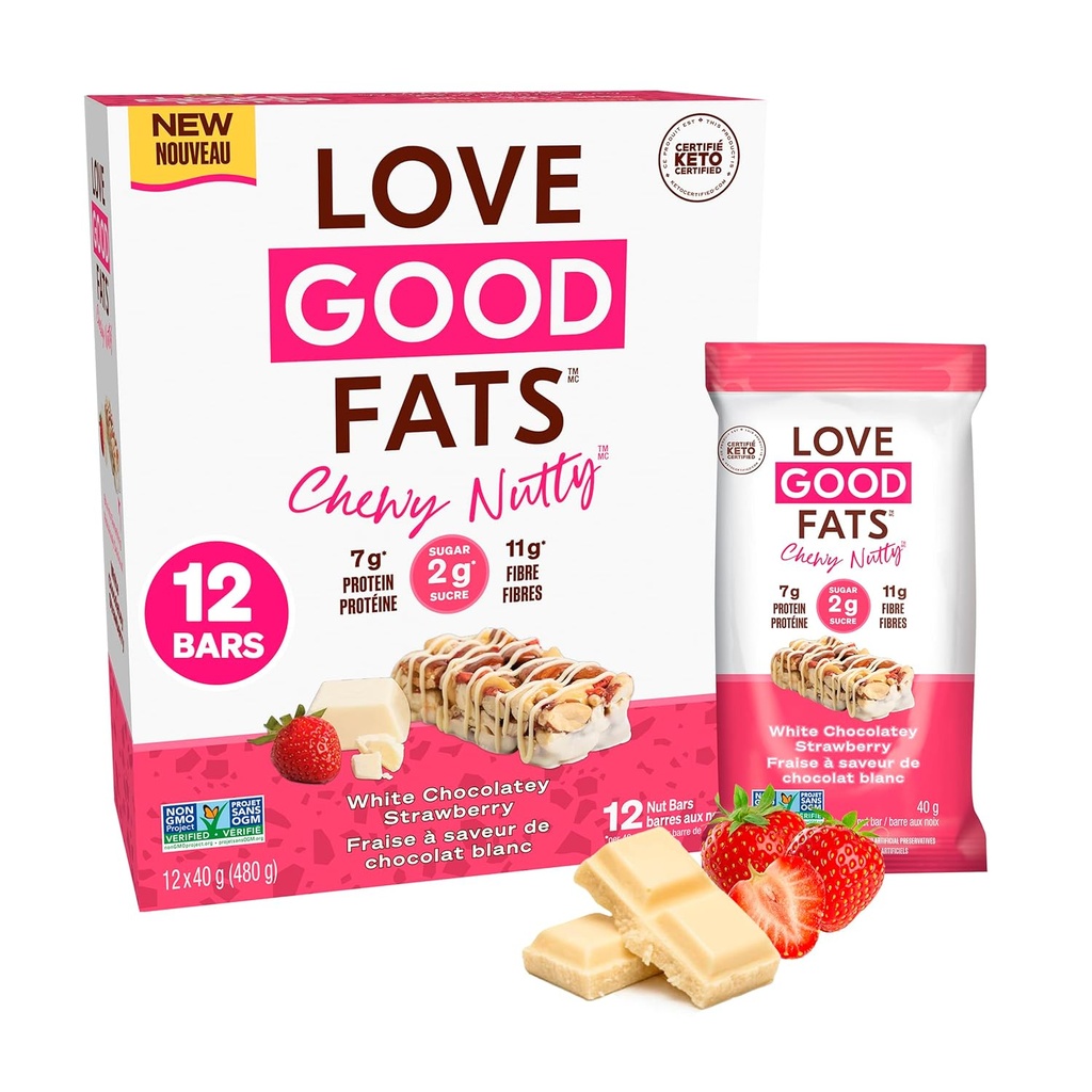 Love Good Fats Chewy Nutty White Chocolatey Strawberry Keto Bars - Low Carb Protein Snacks - 12 paket (1.59oz / 45g her bar)