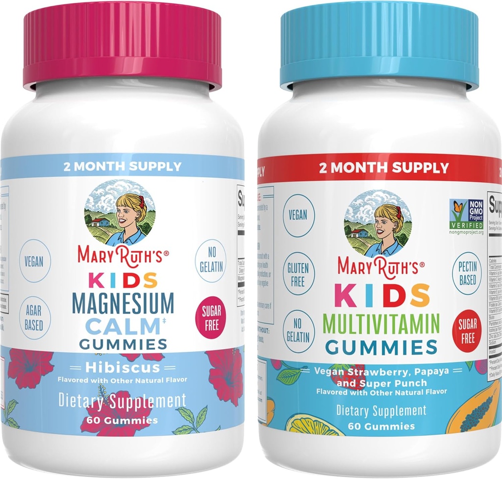 MaryRuth Organics Multivitamin (Strawberry) ve Magnezyum Calm Gummies (Hibiscus) Çocuklar için | Temiz Etiket Projesi Doğrulanmış® | Genel Sağlık ve Uyku için Vitaminler / Non-GMO, Gluten Free