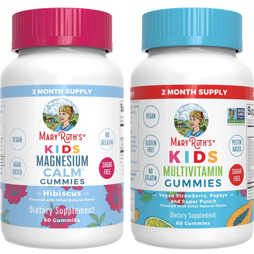 MaryRuth Organics Multivitamin (Strawberry) ve Magnezyum Calm Gummies (Hibiscus) Çocuklar için | Temiz Etiket Projesi Doğrulanmış® | Genel Sağlık ve Uyku için Vitaminler / Non-GMO, Gluten Free