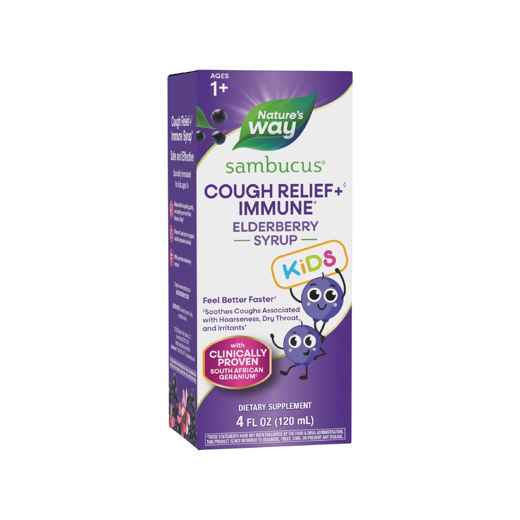 Nature's Way Sambucus Kids Cough Relief + Oz Immune Syrup*, Better Faster Ger, Klinik olarak Proven South African Geranium, Elderberry Extract, C & çinko, Gluten Free, Vegan, 4 Fl Oz