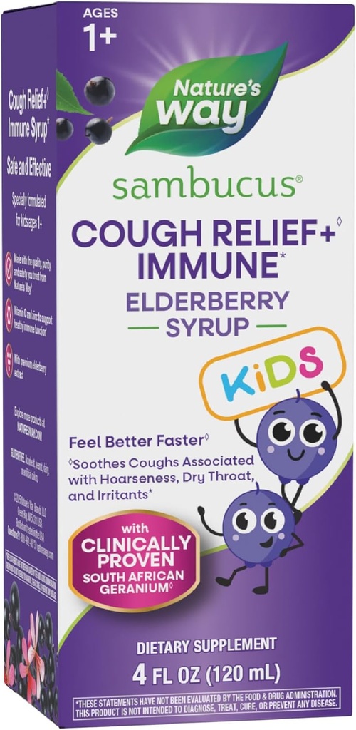 Nature’s Way Sambucus Kids Cough Relief +♢ Immune Syrup*, Feel Better Faster♢, Clinically Proven South African Geranium, with Elderberry Extract, Vitamin C & Zinc, Gluten Free, Vegan, 4 Fl Oz
