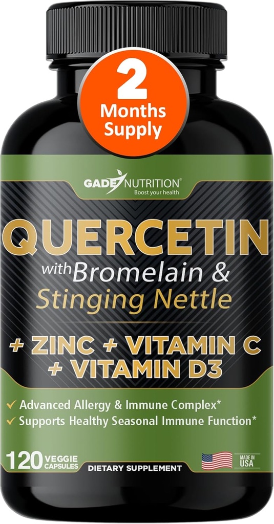 C ve çinko ile Quercetin - Nettle Quercetin - Quercetin 500 mg - Bromelain - çinko Quercetin + Vitamin D3 - 120 Veggie Caps - (Non-GMO, Gluten-Free, Vegan) - 2 ay Supply