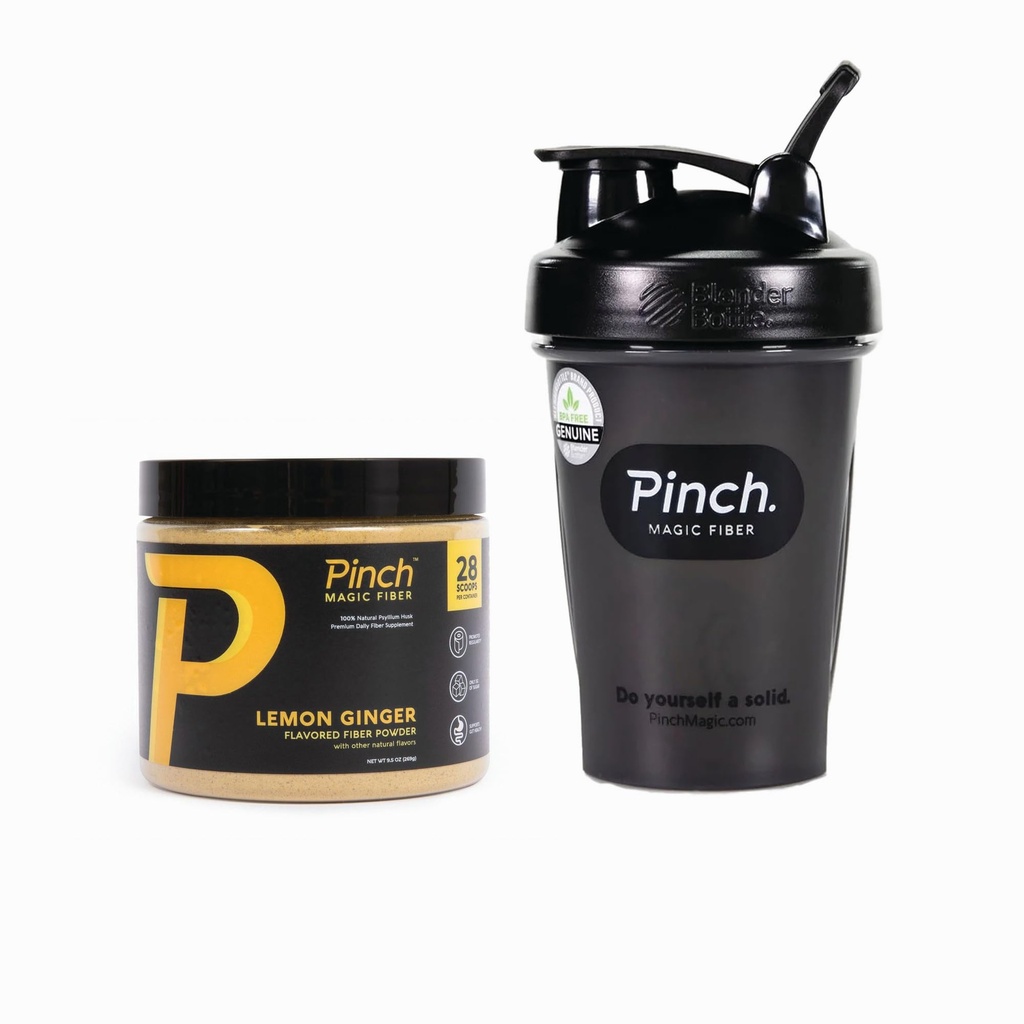 Pinch Magic Fiber & Shaker Combo | Prebiyotik Psyllium Husk Fiber for Digestive Health, Keto, Vegan, Low Sugar | Madonna-Free Shaker for Smooth Mix, Travel-Friendly, Dishwasher Safe | 28-Day Supply