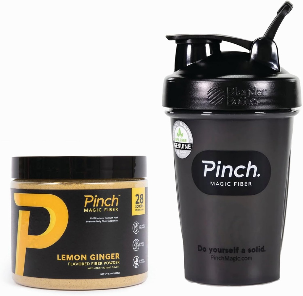 Pinch Magic Fiber & Shaker Combo | Prebiyotik Psyllium Husk Fiber for Digestive Health, Keto, Vegan, Low Sugar | Madonna-Free Shaker for Smooth Mix, Travel-Friendly, Dishwasher Safe | 28-Day Supply