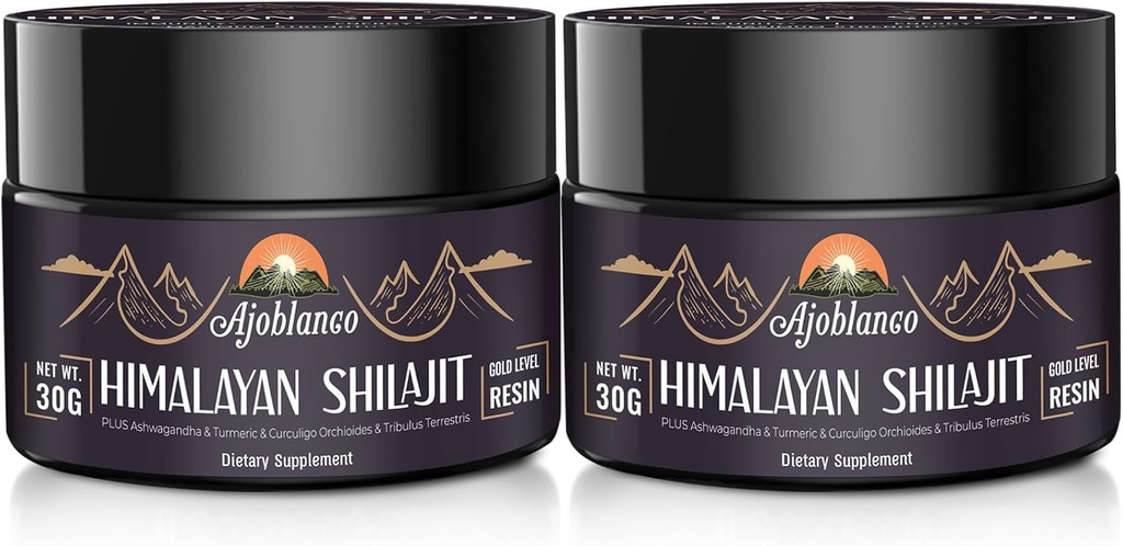 Ajoblanco 600mg Φυσικό οργανικό Shilajit των Ιμαλαΐων Resin - Gold Shilajit των Ιμαλαΐων Resin με οργανική Ayurvedic ανάμειξη σε υψηλή ισχύ για την ενέργεια, τη δύναμη και την ασυλία, πακέτο των 2