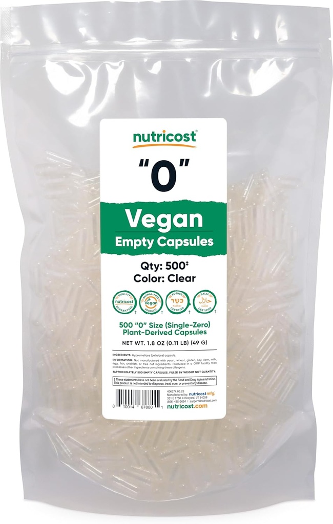Nutricost Κενές κάψουλες Μέγεθος 0 Vegan - 500 Clear Κενές κάψουλες με βάση το φυτό - Kosher Certified, Halal Certified, Μη ΓΤΟ, Χωρίς σόγια, Χωρίς γλουτένη, Χορτοφαγικά