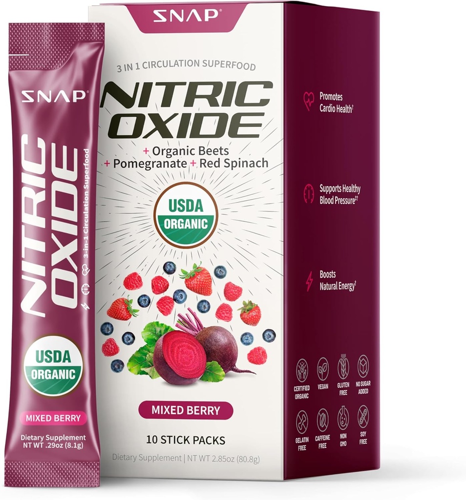 Συμπληρώματα Snap USDA Organic Beet Root Nitric Oxide Supplement, υποστηρίζει την κυκλοφορία και την υγιή πίεση του αίματος ήδη μέσα στο φυσιολογικό εύρος, 10 πακέτα Single-Serve, Μικτό μούρο