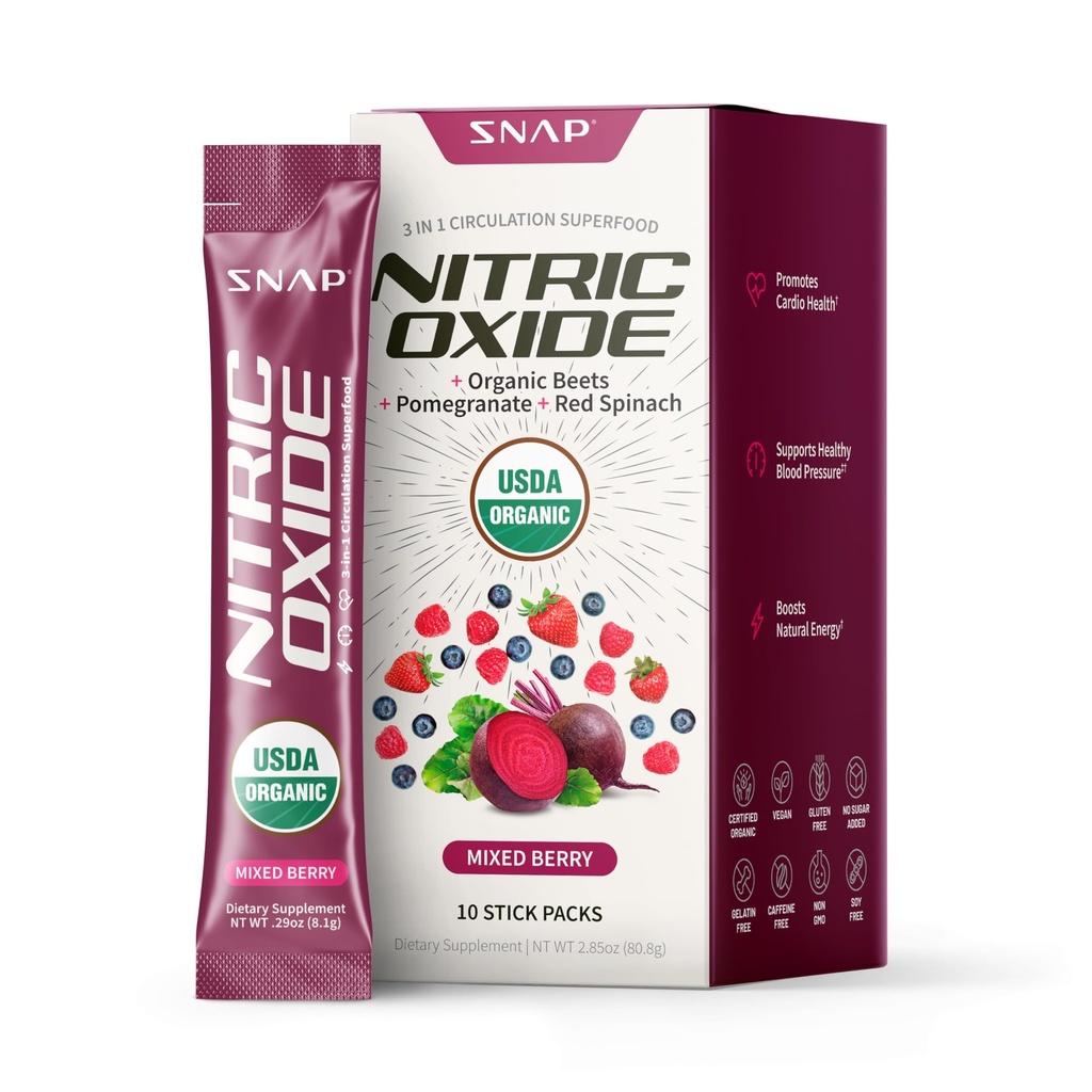 Snap Supplements USDA Organik Arıt Kök Nitrik Oksit Tamam, Destekler Circulation ve Sağlıklı Kan Basıncı Zaten Normal Ortada, 10 Single-Serve Packs, Karma Berry