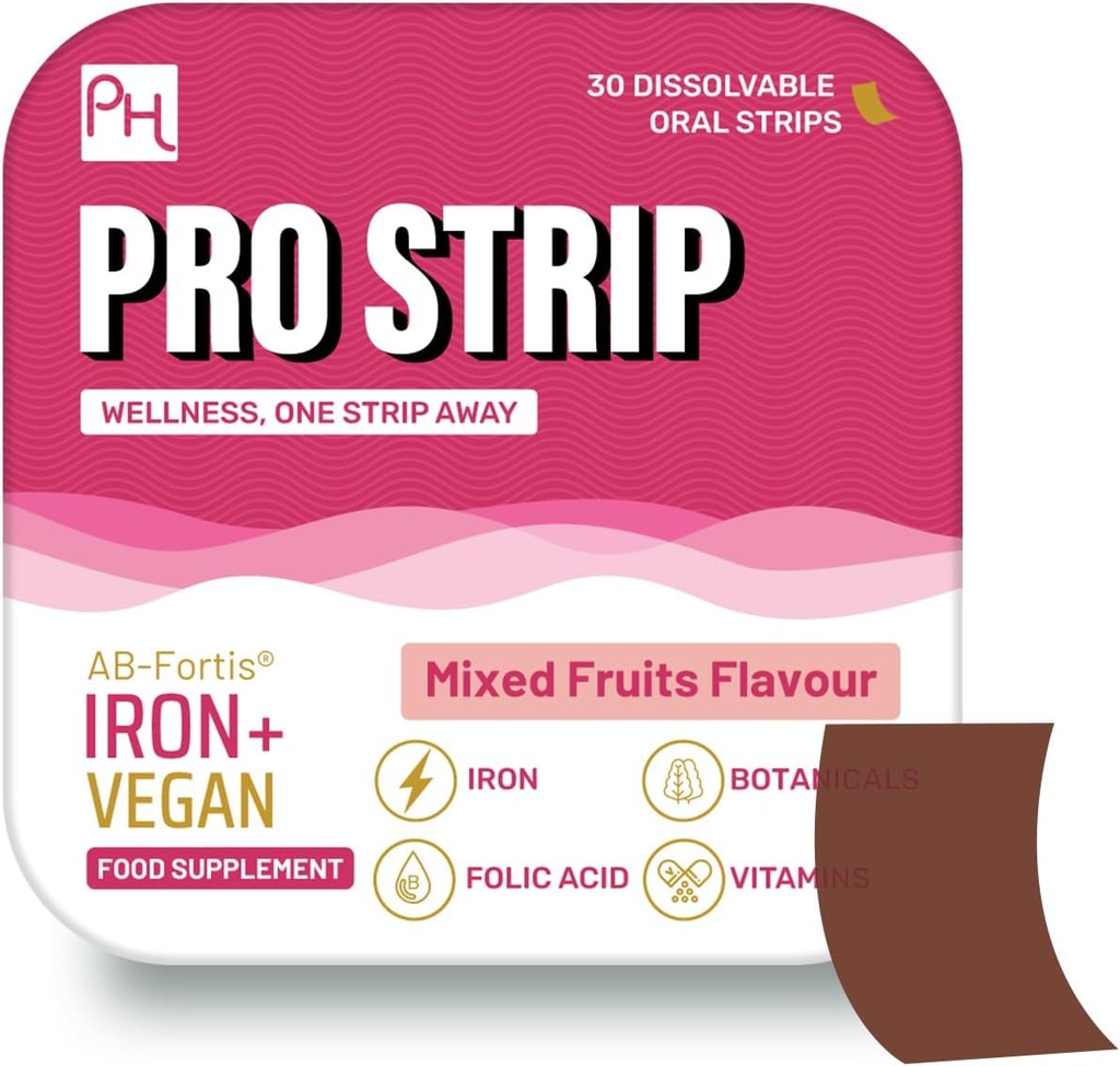 PROSTRIP® Iron+ AB-Fortis® 14mg Προστέθηκε με Βιταμίνη C, B1, B2, B6, Φολικό οξύ, Beetroot, Spinach and Tart Cherry – 30 στοματικές λωρίδες Vegan – Δεν χρειάζεται νερό – Υψηλή απορρόφηση από Prowise Healthcare