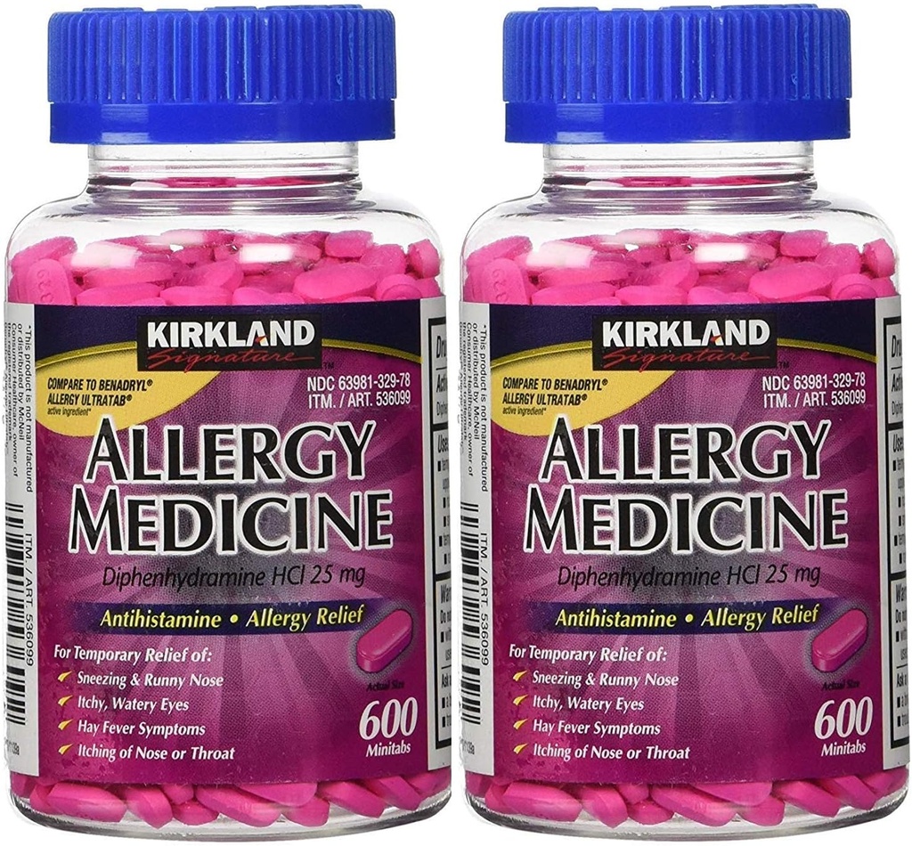 Kirkland Υπογραφή Αλλεργία Ιατρική Διφαινυδραμίνη HCI 25 mg - 600 Minitabs - 2 Συσκευασία