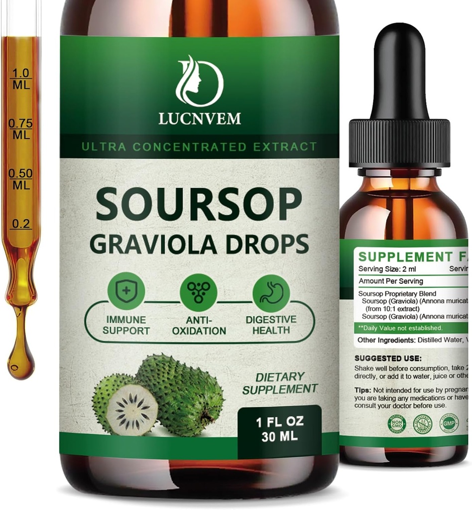 Soursop Graviola Liquid Drops 2000 mg, Soursop Doğal Antioksi, Hücre Desteği ve Rejenerasyonu için Organik Saf, Immune Boost, Soursop Bitters Sıvı - Soursop Flavor- 1 FL OZ