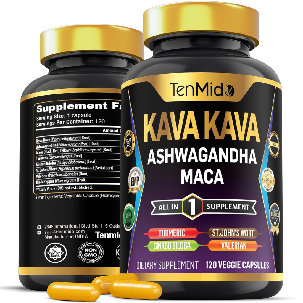 Kava Kava Root Supplement - 8in1 Formula - Ashwagandha, Maca, Turmeric, Ginkgo Biloba, St. John's Wort, Valerian & Black Pepper - 120 Vegan Capsules, 4 Ay Supply