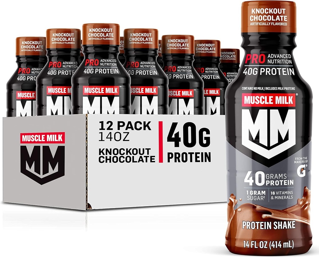 Muscle Milk Pro Gelişmiş Beslenme Protein Shake, Knockout Chocolate, 14 Fl Oz Şişe, 12 Pack, 40g Protein, 1g Sugar, 16 Vitamins & Minerals, 6g Fiber, Workout Recovery, Ambalaj Vary