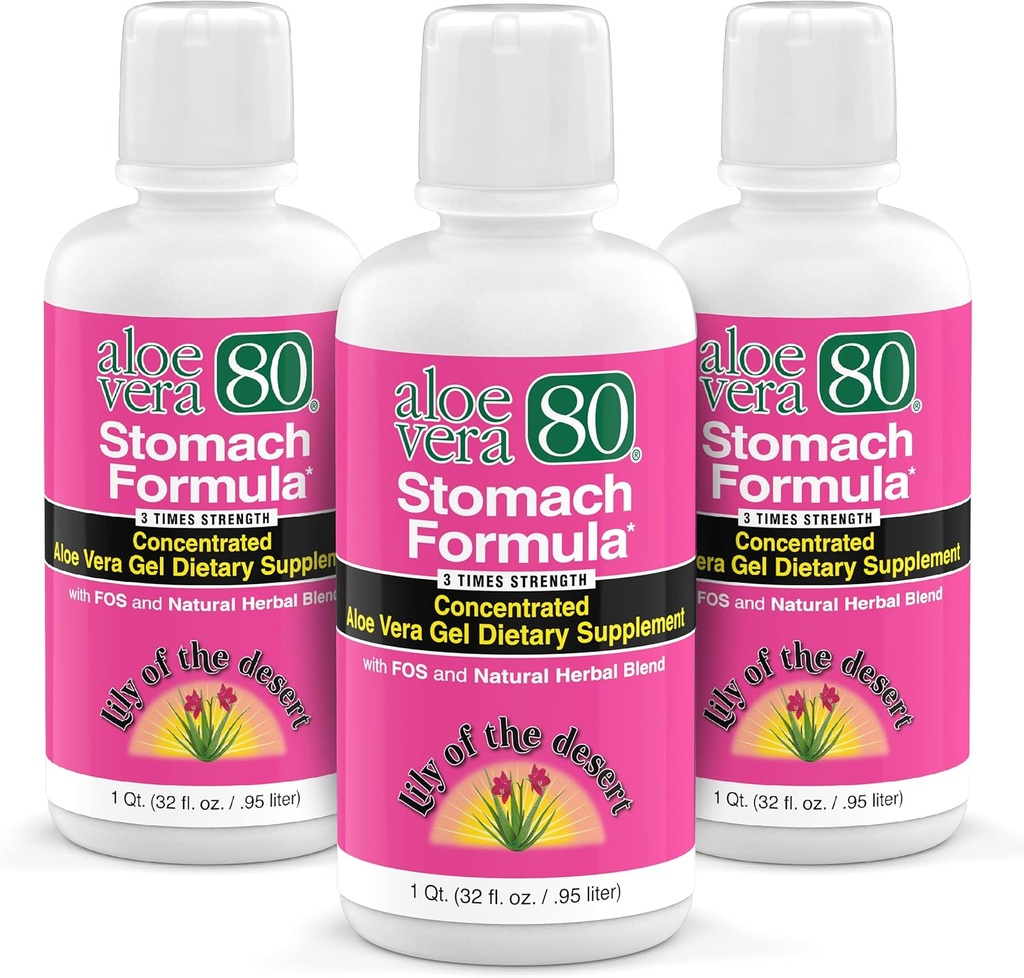 Lily Of The Desert Stomach Formula, Aloe Vera 80 Gel - Sepery Elm, Chamomile, Peppermint ve Ginger for Gut Health, Heartburn, Acid Reflux, 32 Oz (Pack of 3)