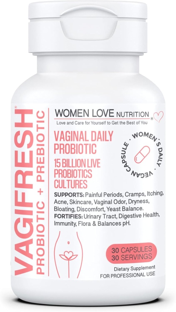 VAGIFRESH Vaginal Probiotics, pH Balance, Prebiotics & Lactobacillus. Women's Vaginal Health Supplement - Healthy Vaginal Odor & Flora, 30 Count.