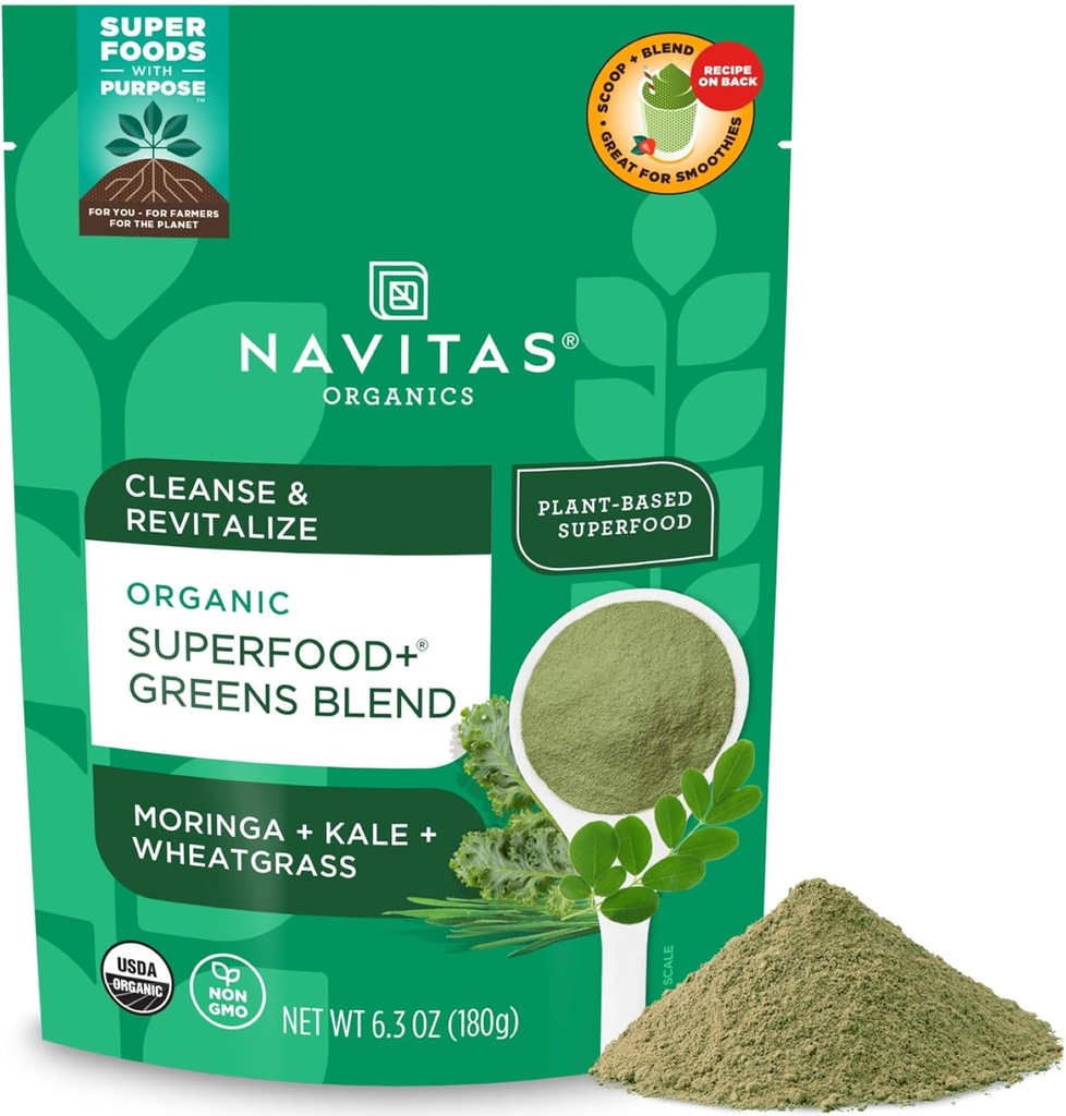 Navitas Organics Superfood+ Greens Blend for Detox Support (Moringa + Kale + Wheatgrass), 6.3oz Τσάντα, 30 Μερίδες — Βιολογικές, μη ΓΤΟ, Vegan, Χωρίς Γλουτένη, Κέτο & Παλαιό....