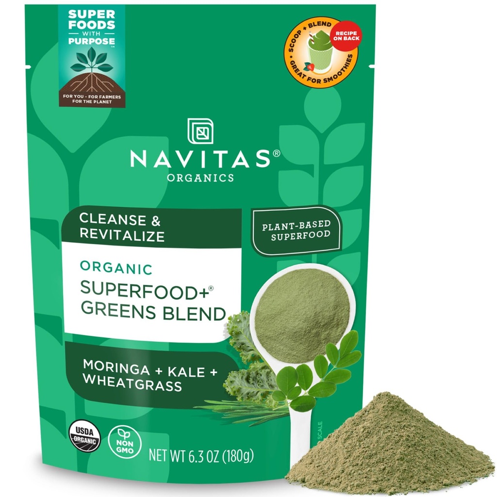 Navitas Organics Superfood+ Greens Meeting for Detox Support (Moringa + Kale + Buğdaygras), 6.3oz Bag, 30 Hizmet - Organik, Non-GMO, Vegan, Gluten-Free, Keto & Paleo...