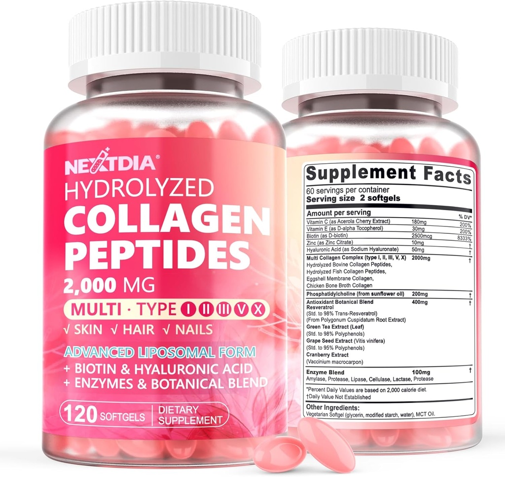 2 Pack Liposomal Collagen Pil Pills for Women 2000 mg, Multi Hydrolyzed Collagen Type I, II, III, V, X with 2500mcg Biotin - Collagen Supplements Softgels with Hair, Skin & Nails