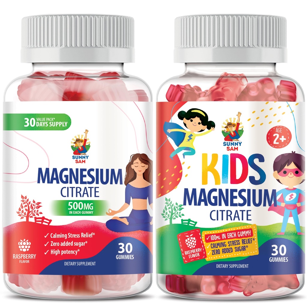 SUNNY SAM Magnezyum Çocuklar için 100 mg ve Magnezyum Gummies - 500 mg. Calm Magnezyum Chews - Magnezyum Citrate Chewable Supplement for Mood & Muscle Support