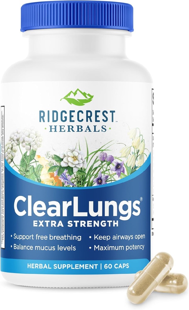 RidgeCrest Herbals ClearLungs Extra Strength, Natural Lung, Nasal Health Formula, Bronchial, Respiratory, Sinus, Mucus Support (60 Caps, 30 Serv)