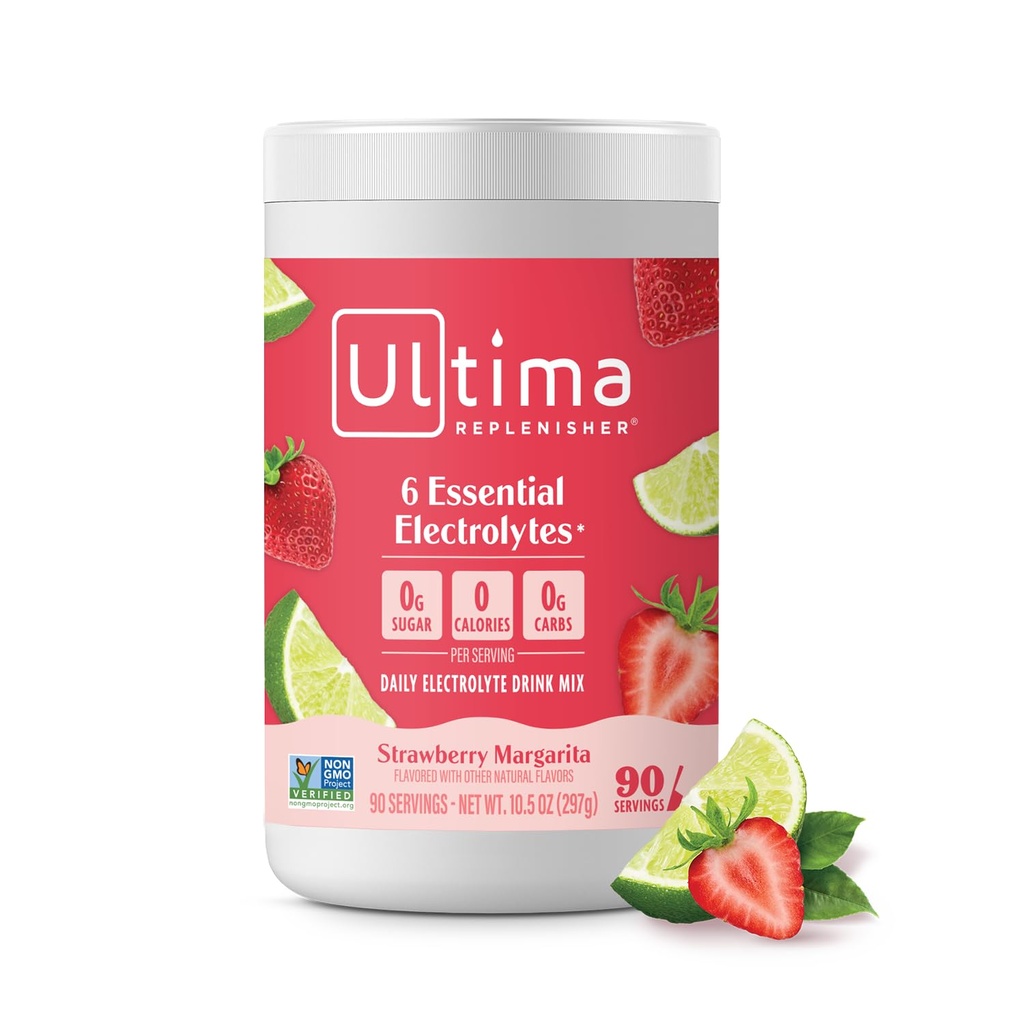 Ultima Replenisher Daily Electrolyte Toz İçecek Mix – Sugar Free – Strawberry Margarita, 90 Hizmet - 6 Key Electrolytes ve Trace Mineralleri ile Hydration Toz – Keto Friendly, Non-GMOMOMO