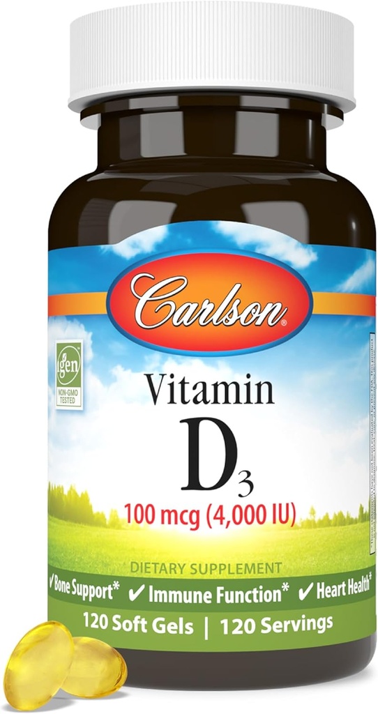 Carlson - Βιταμίνη D3, 4000 IU (100 mcg), συμπληρώματα βιταμίνης D, Οστική & Ανοσολογική Υγεία, συμπλήρωμα χοληκαλσιφερόλης, κάψουλες χωρίς γλουτένη Βιταμίνη D, 120 Softgels