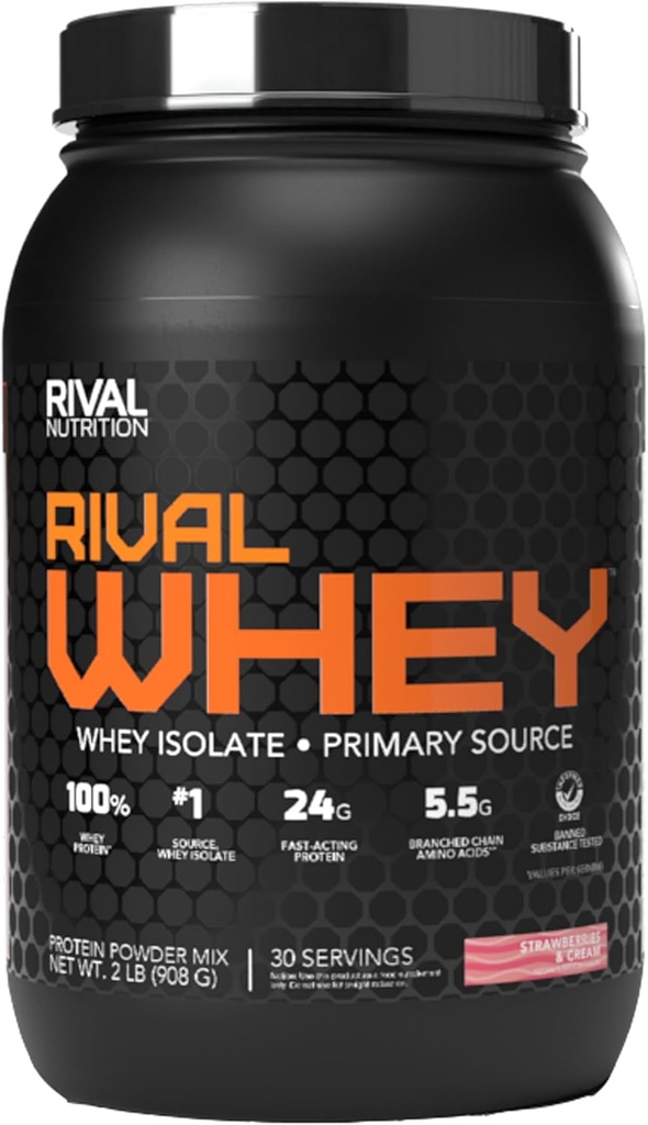 Rivalus Rivalwhey – Φράουλα Creme 2lb - 100% πρωτεΐνη Whey, Πρωτεΐνες Whey Isolate Πρωτογενής Πηγή, Καθαρό Διατροφικό Προφίλ, BCAAs, Όχι Απαγορευμένες Ουσίες, Made in USA