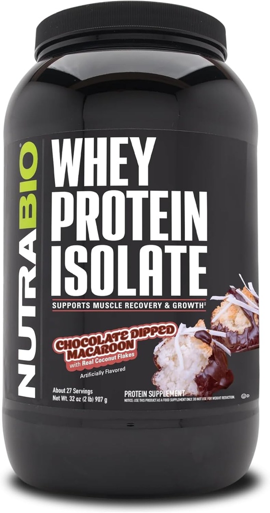 NutraBio 100% Whey Protein Isolate Protein Powder, 25g Protein with Complete Amino Acid Profile, Non-GMO, Soy & Glutten Free, Low Carb, Low Calorie Whey Protein Powder, Chocolate Dipped Macaroon, 2 Lbs