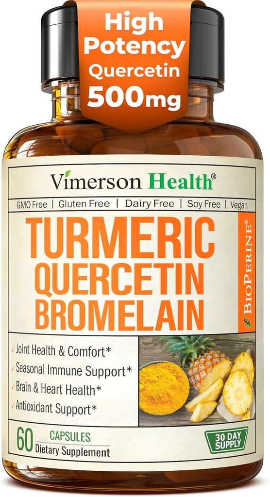 Quercetin with Bromelain Turmeric Curcumin Supplement – Allergy Relief, Joint & Immune Support – Organic Turmeric Supplement with Black Pepper (Bioperine) – 60 Quercetin 500mg Capsules