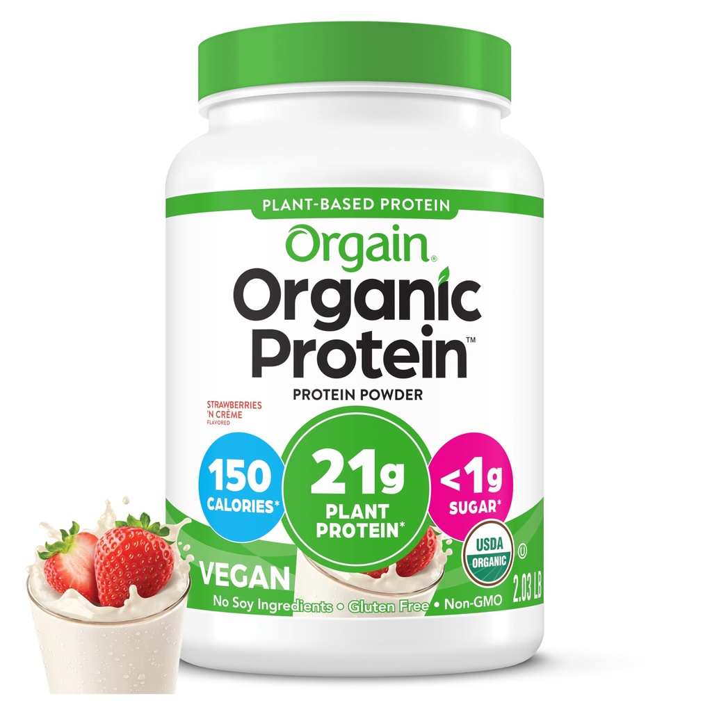 Orgain Organic Vegan Protein Powder, Strawberries & Cream - 21g Plant Based Protein, 4g Prebiotic Fiber, Low Net Carb, No Lactose Ingredients, No Added Sugar, Non-GMO, For Shakes & Smoothies, 2.03 lb