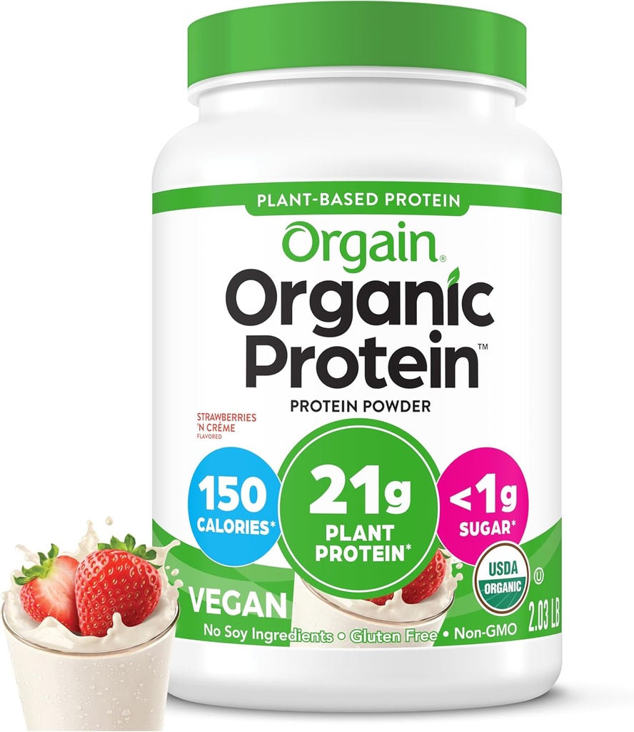 Orgain Organic Vegan protein Toz, Strawberries & Cream - 21g of Plantive protein, Low Net Carbs, Gluten / Lactose Free, No Sugar Eklenme, Soy Free, Non-GMO, 2.03 Lb
