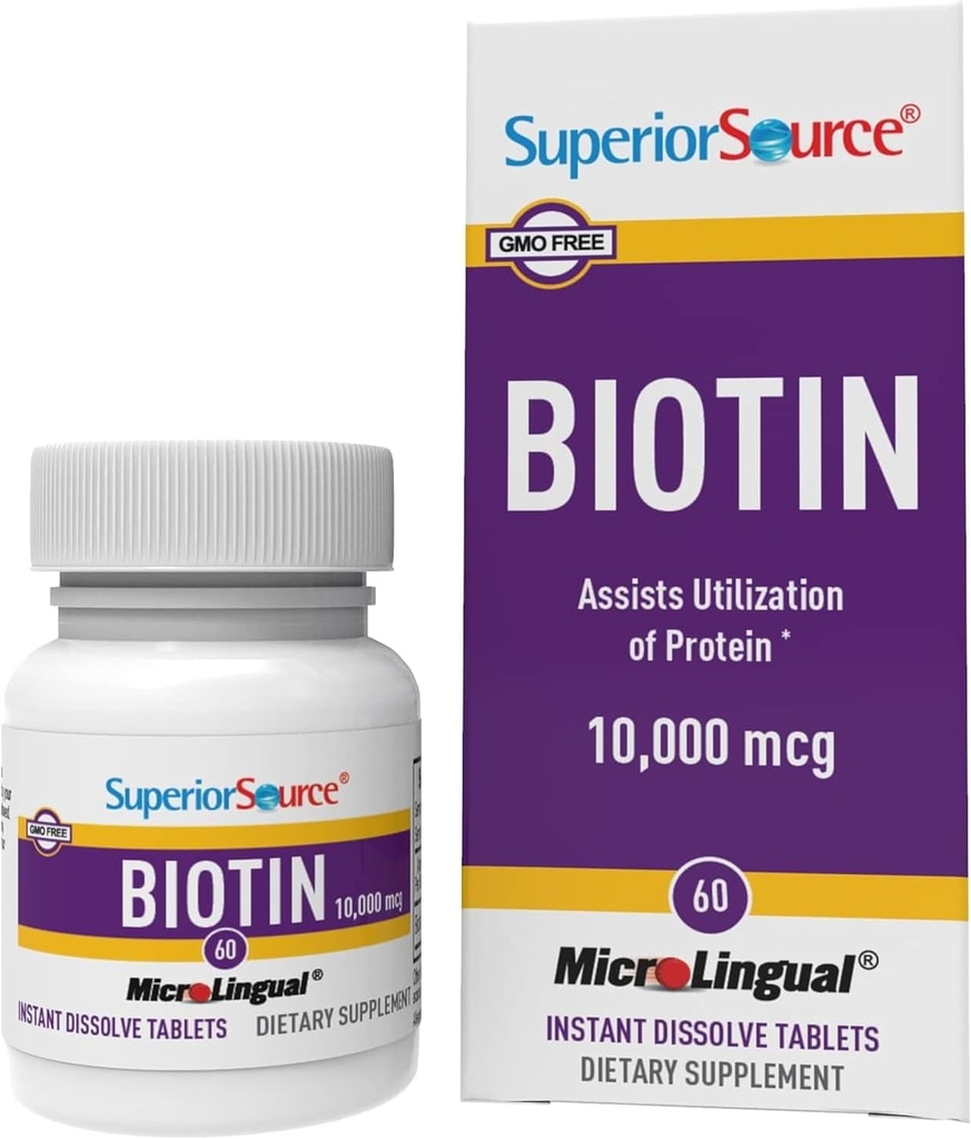 Superior Source Biotin 10.000 mcg - Καθημερινή συμπλήρωμα υποστηρίζει την υγεία των μαλλιών & την ανάπτυξη - φυσικό συμπλήρωμα βιοτίνης Βοηθά υγιή νύχια & δέρμα - 60 υπογλώσσια δισκία διάλυσης