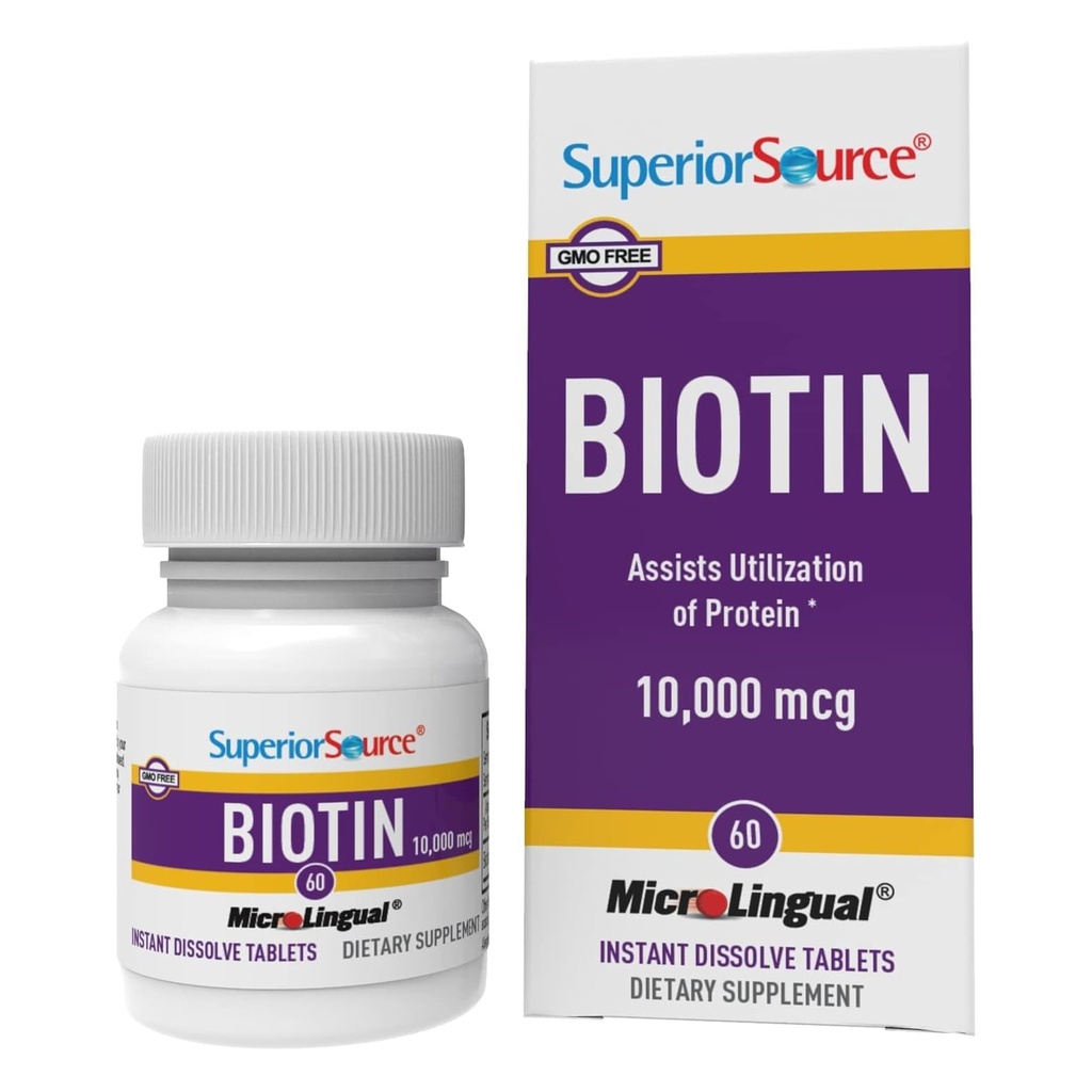 Superior Source Biotin 10.000 mcg - Daily Supplement Supports Hair Health & growth - Natural Biotin Supplement Aids Health Nails & Skin - 60 Sublingual Discrypt Tablets