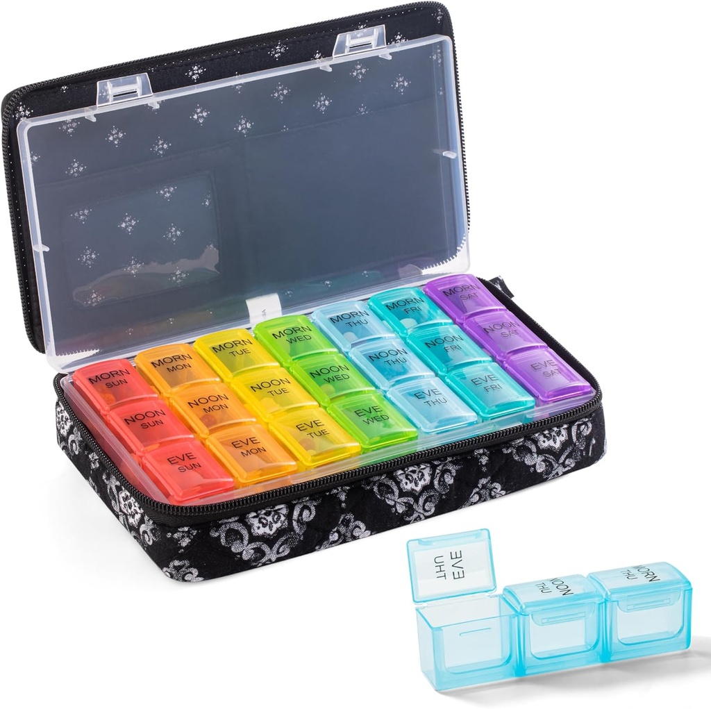 Haftalık Pill Organizer 3 Times a Day - Pill Box 7 Day 3 Times a Day with Cute Quilted Fabric Machinery Bag- Travel Pill Case 7 Day 3 Times a Day for Vitamin Medicine Organizer